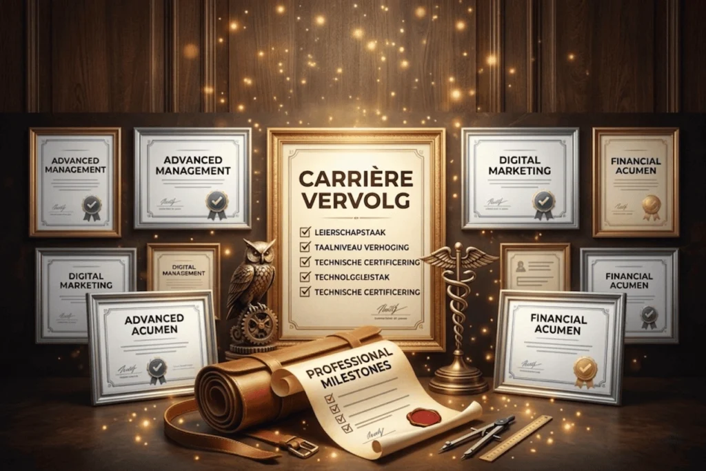 Een certificaat en een gouden trofee naast grafieken van professionele training en talentontwikkeling bij BeterBedrijven.