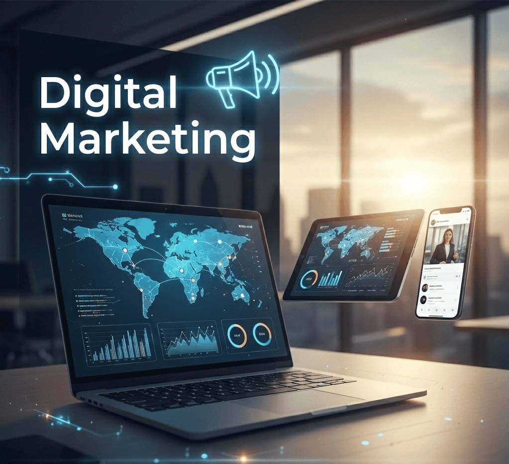 Digitale schermen tonen analytics data en online marketing campagnes van BeterBedrijven.