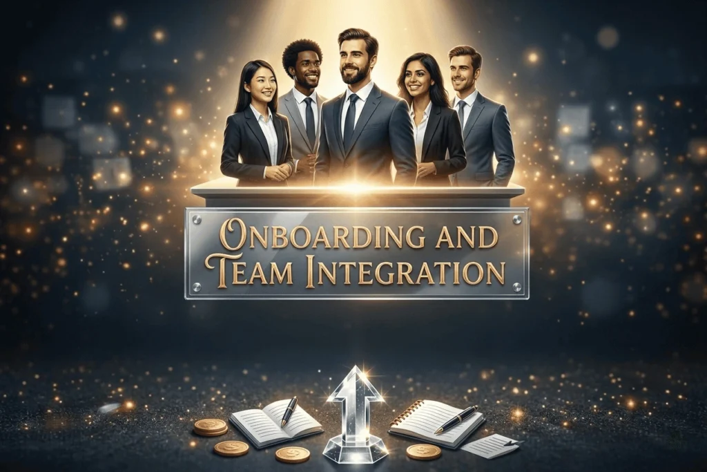 Een team van professionals staat achter een glazen bord met de tekst Onboarding and Team Integration bij BeterBedrijven.
