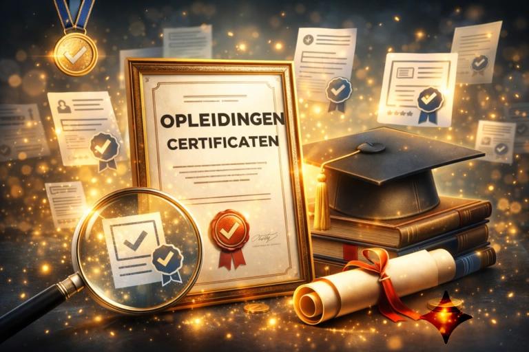 Een geopende map toont documenten van BeterBedrijven over opleidingen, certificaten, kwaliteit en veiligheid.