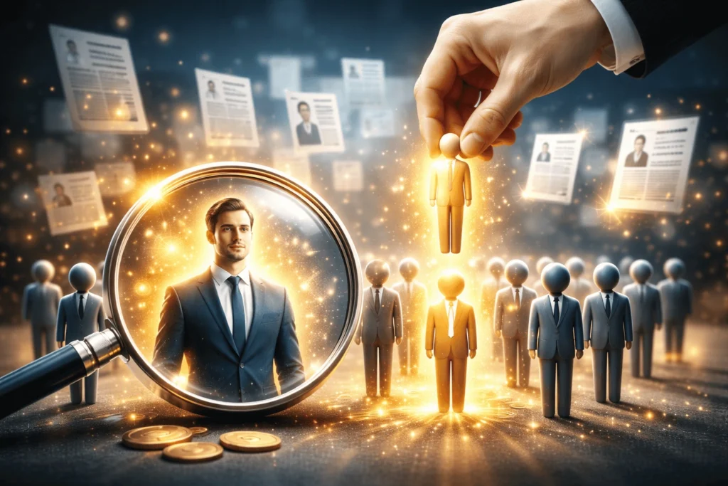 Een vergrootglas focust op een geselecteerde kandidaat in een pak, omringd door cv-profielen en recruitment statistieken van BeterBedrijven.