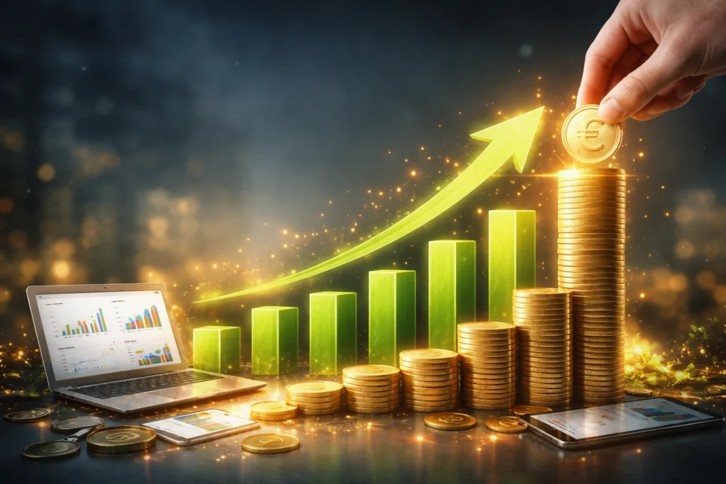 Een moderne kantoorwerkplek van BeterBedrijven toont live dashboards met sales performance en conversion rate statistieken.