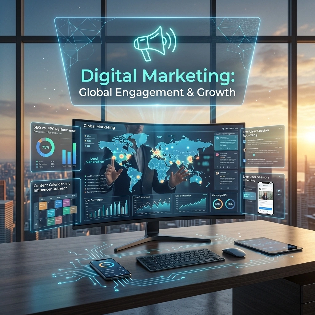 Een geavanceerde werkplek van BeterBedrijven toont een breed scherm met data-analyse van SEO vs PPC performance en lead generatie.
